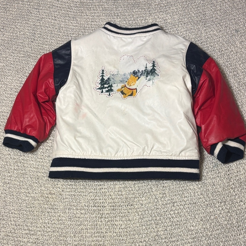 Disney Kids White Bomber Jacket Winnie the Pooh with Red Sleeves and Navy Trim - Picture 2 of 12
